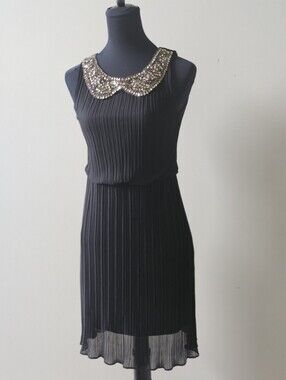 Janette Fashion Black Pleated Midi Dress with Gold Sequin Peter Pan Collar